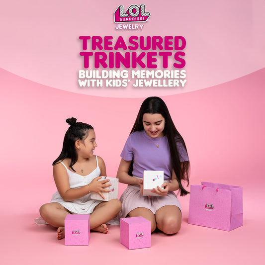 Mother and daughter sharing personalized kids' jewellery gifts, building memories together, with LO.L. Surprise Jewelry branding.